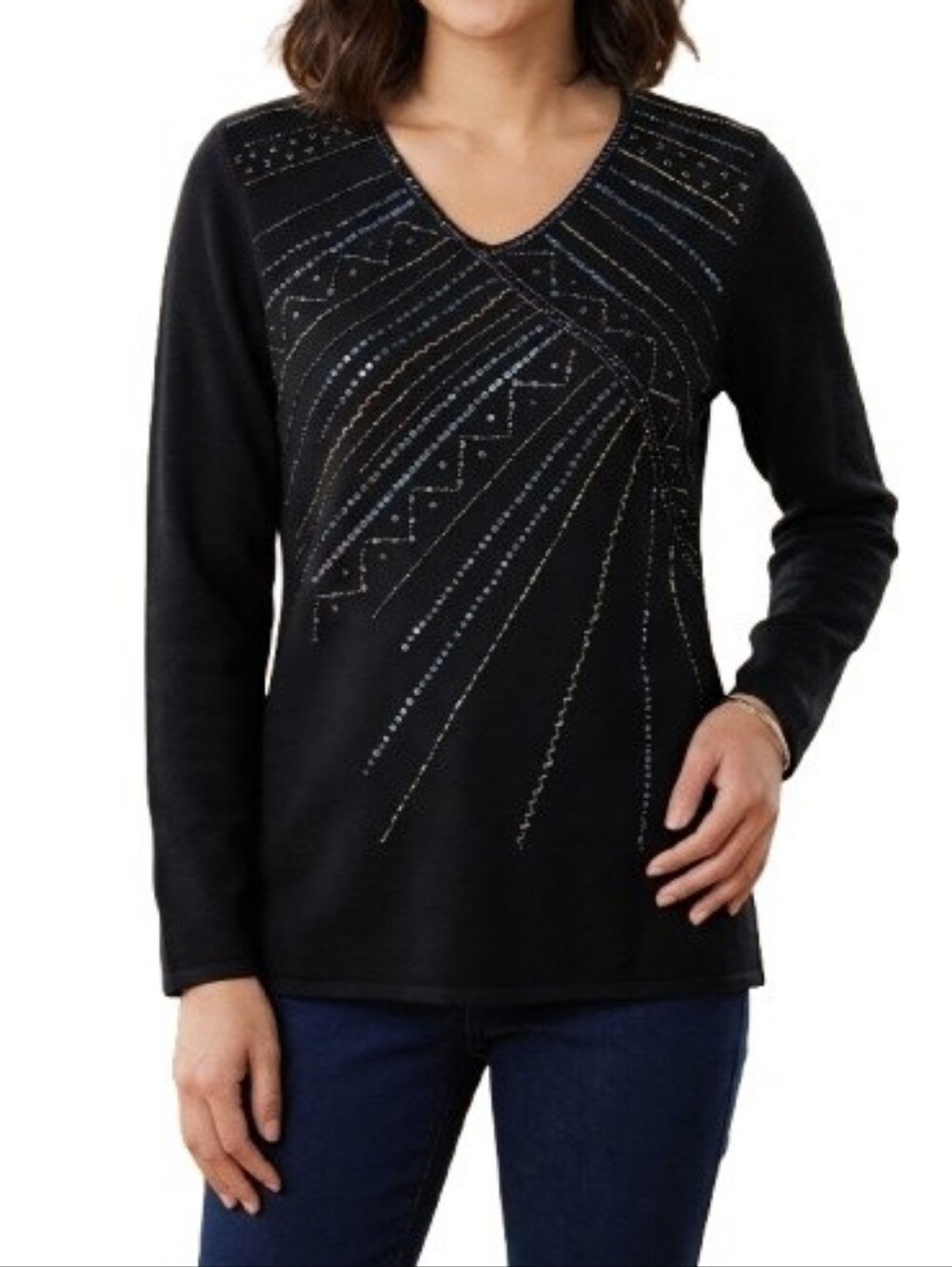Susan Bristol Black Embellished Sweater Rainbow Beads Sequins V-Neck